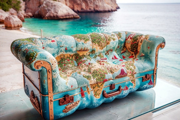 Peti perjalanan berbentuk sofa dengan peta maritim dicetak di atasnya di teras di Kroasia