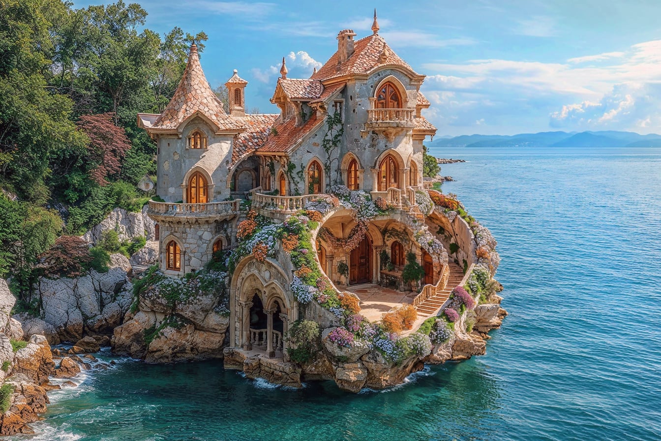 Kastil dongeng di pulau batu yang dikelilingi air di Kroasia