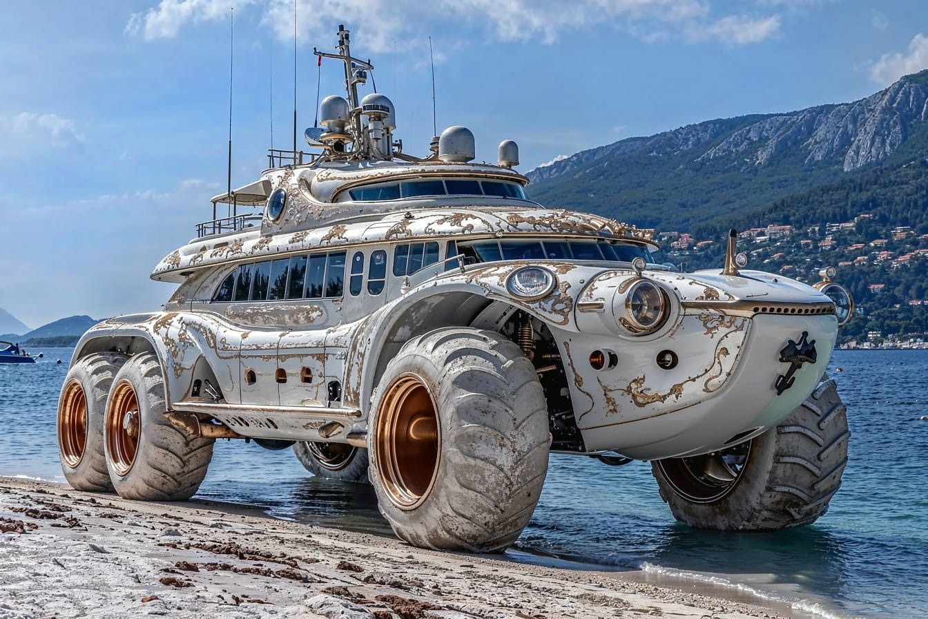 Hırvatistan’da bir plajda beyaz yat-araba amfibi araç