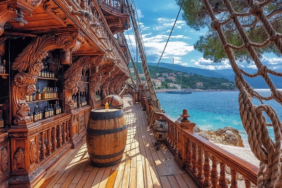 Restoran di dek kayu kapal layar abad pertengahan dengan tong anggur sebagai meja di Kroasia