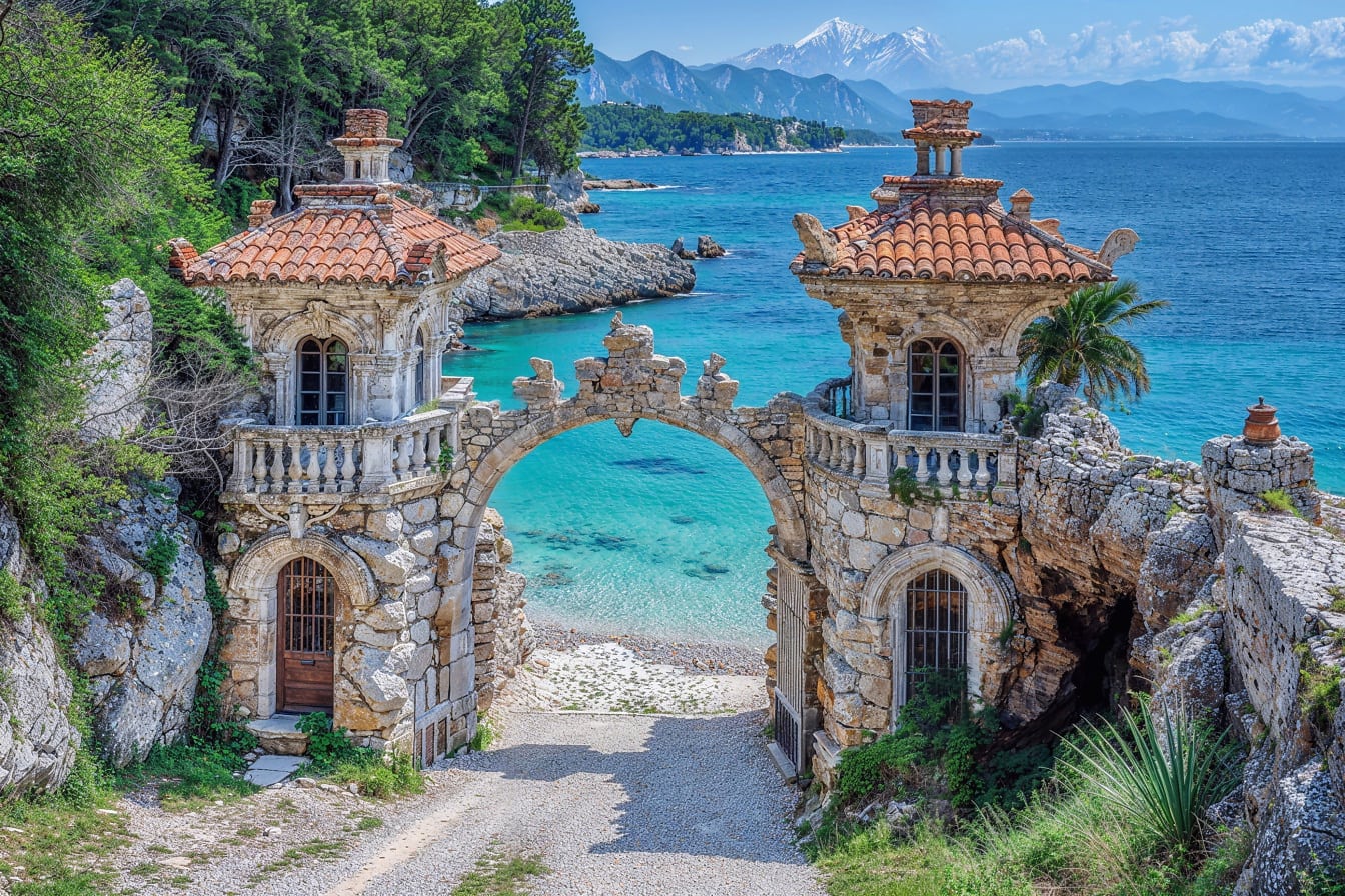 Tháp đá với cửa ngõ vào bãi biển ở biển Adriatic