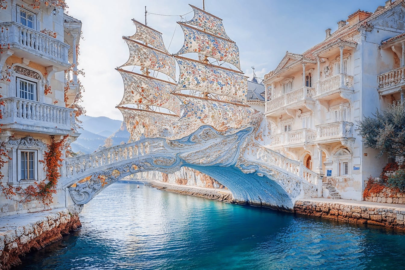 クロアチアの水上に浮かぶ中世の帆船スタイルの橋