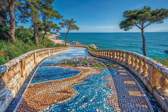 Mosaikbana som läggs med färgglada stenar vid stranden i Kroatien