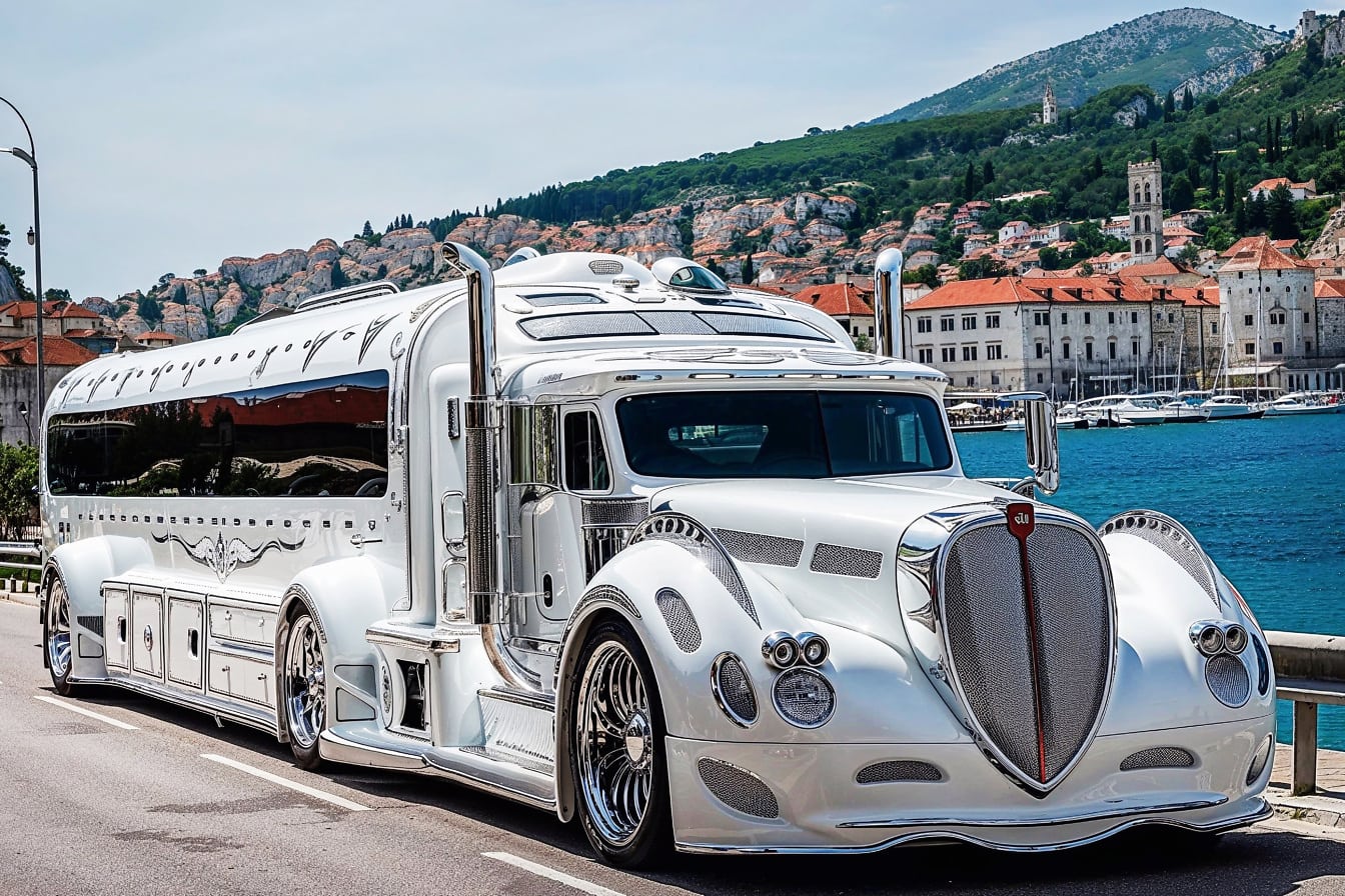 Luxevrachtwagen op de kustweg van oude toeristische stad in Kroatië
