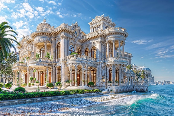 Large white villa with columns on sea waterfront