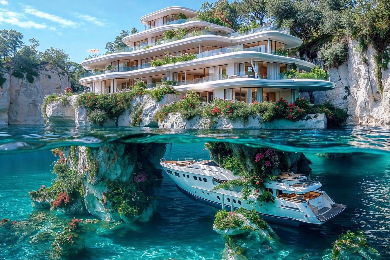 Fotomontage van een villa op een klif met een jacht in het water onder het huis