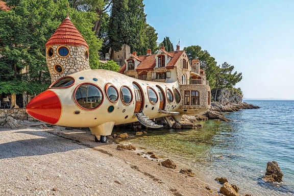 Bungalow collegato a una casa futuristica a forma di aereo su una spiaggia
