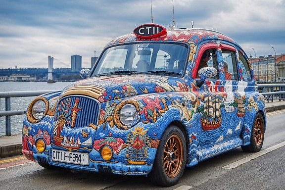 Colorful London taxi on the road over the bridge