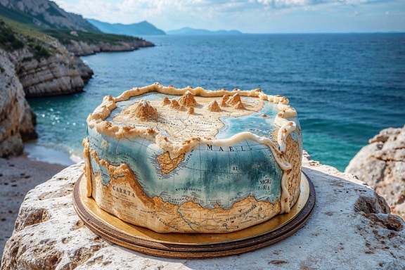 Kue 3D dengan peta maritim di atasnya