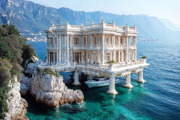Villa construída sobre colunas junto à praia no mar Adriático