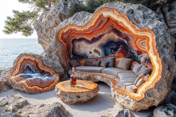 Sofá e mesa esculpidos em rocha de cristal na praia