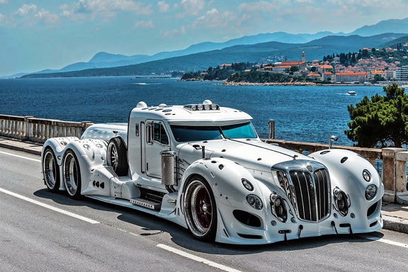 Луксозен бял спортен камион на пътя