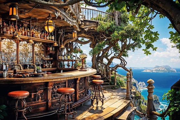 Bar de bebidas em estilo rústico em um penhasco na Croácia