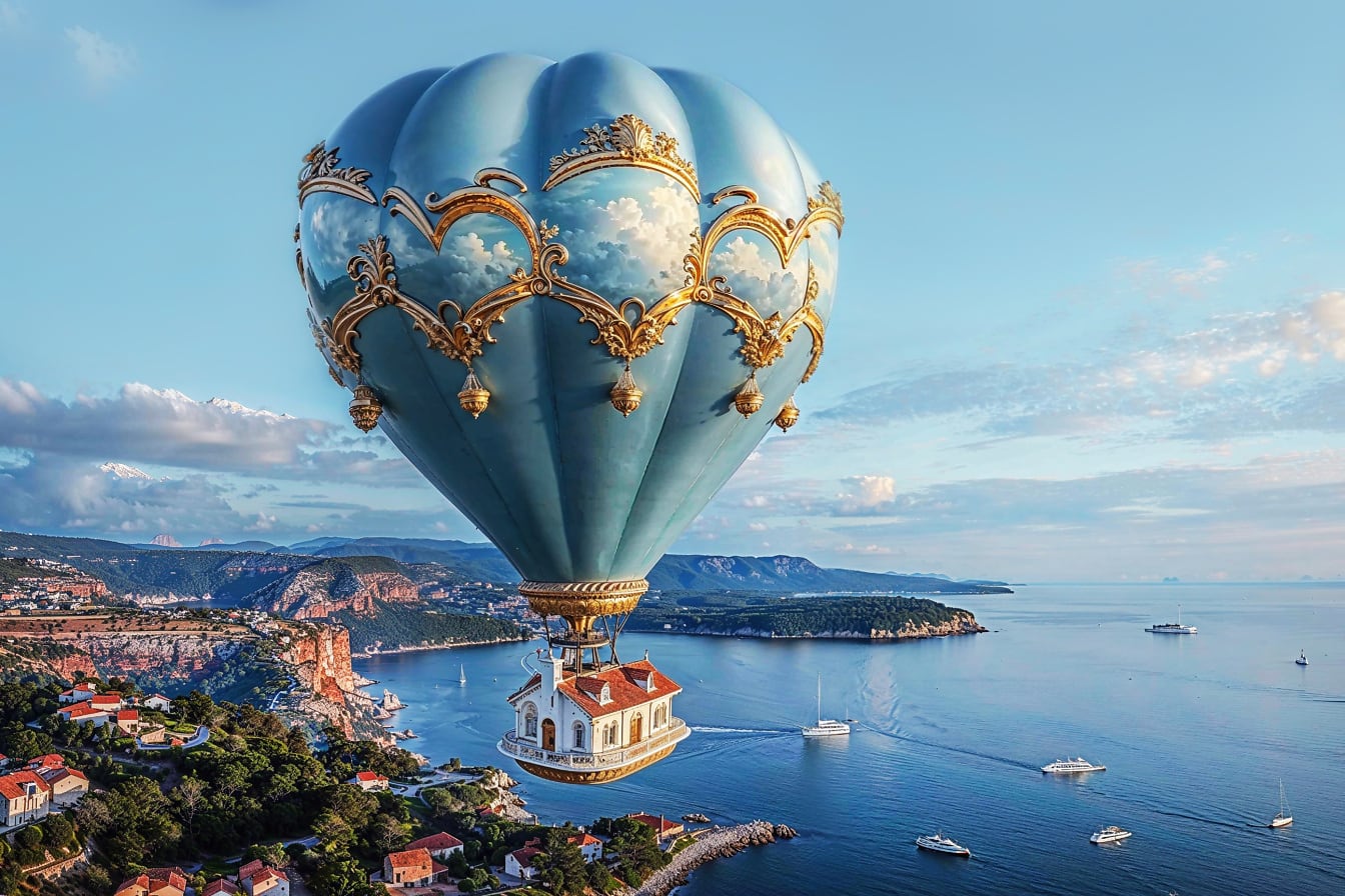Teplovzdušný balón s domom nad zálivom v Chorvátsku