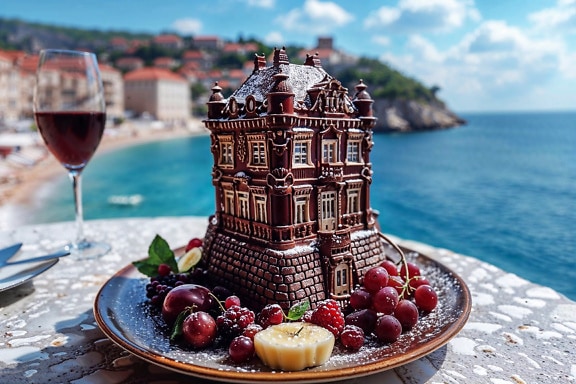 Gâteau au chocolat sous la forme d’une maison de conte de fées à trois étages avec des fruits et du vin rouge