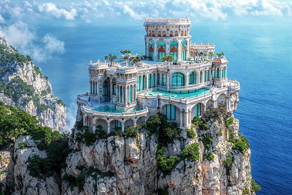 Villa blanche de luxe sur une falaise au bord de la mer Adriatique en Croatie
