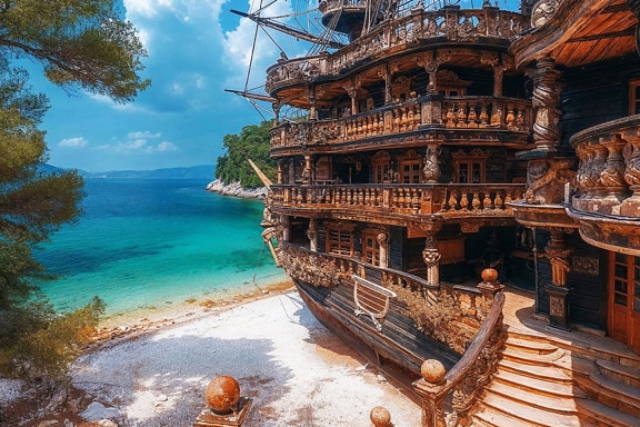 Navio pirata galeão velho em uma praia da Croácia