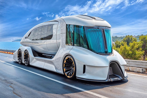 Futuristiskt koncept av ett autonomt fordon utan förare på vägen