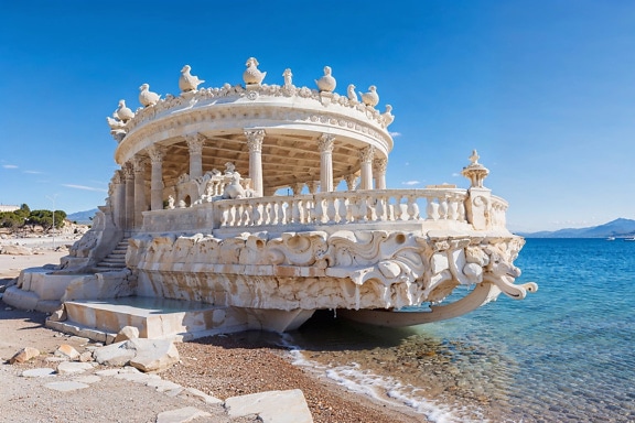Sprookjesachtige witte stenen slee op het water op strand in Kroatië