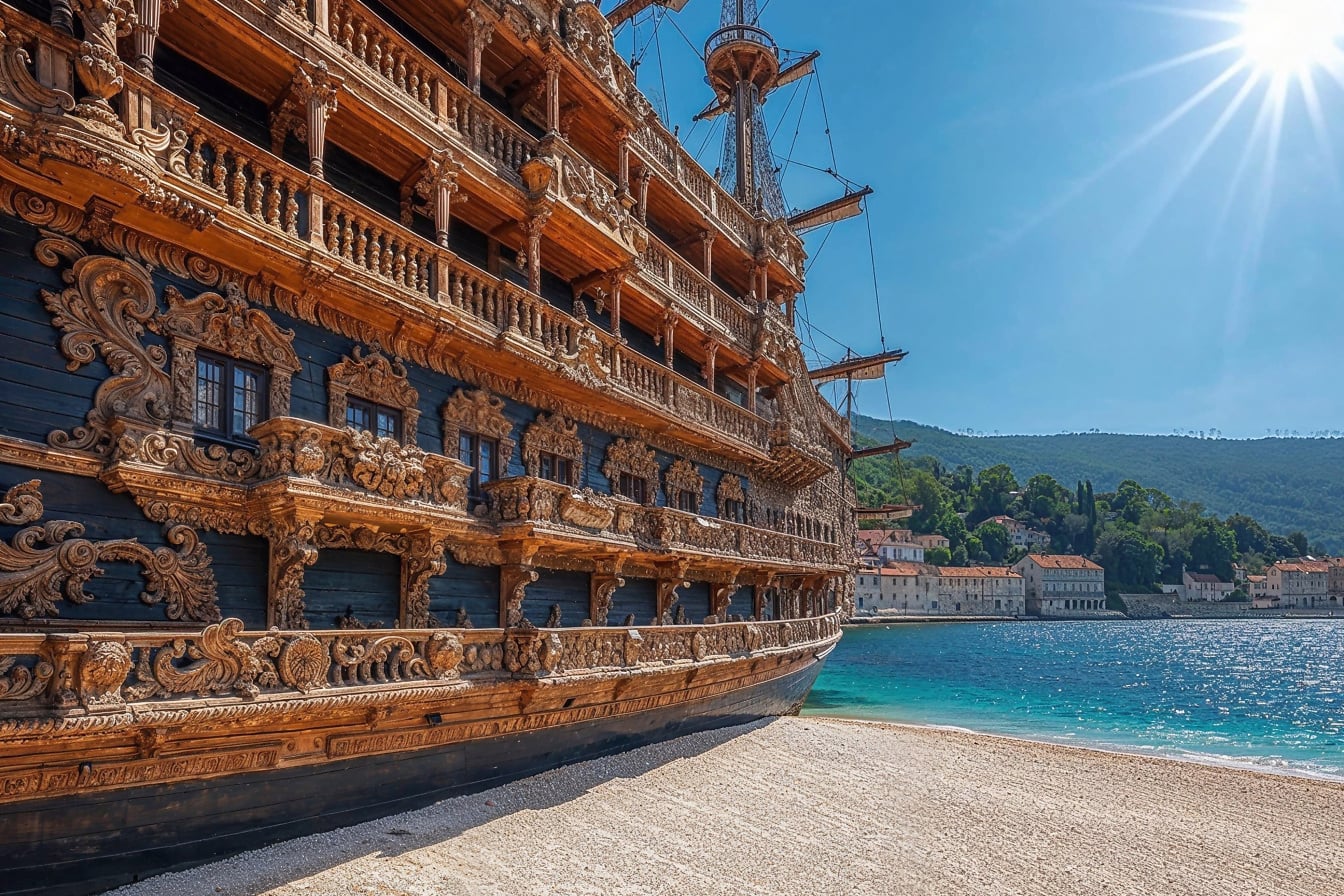 Hotelová loď v štýle stredovekej plachetnice na pláži v Chorvátsku