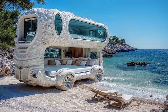 Mobil mezzanine ágy a tengerparton Horvátországban