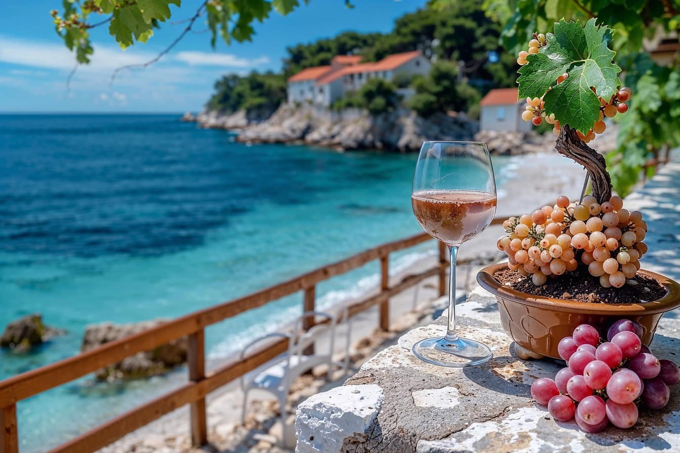 Et glass vin med druer på en strand med utsikt over Adriaterhavet i Kroatia