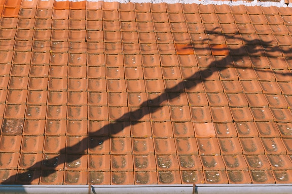 屋顶瓦片上有电线杆的影子