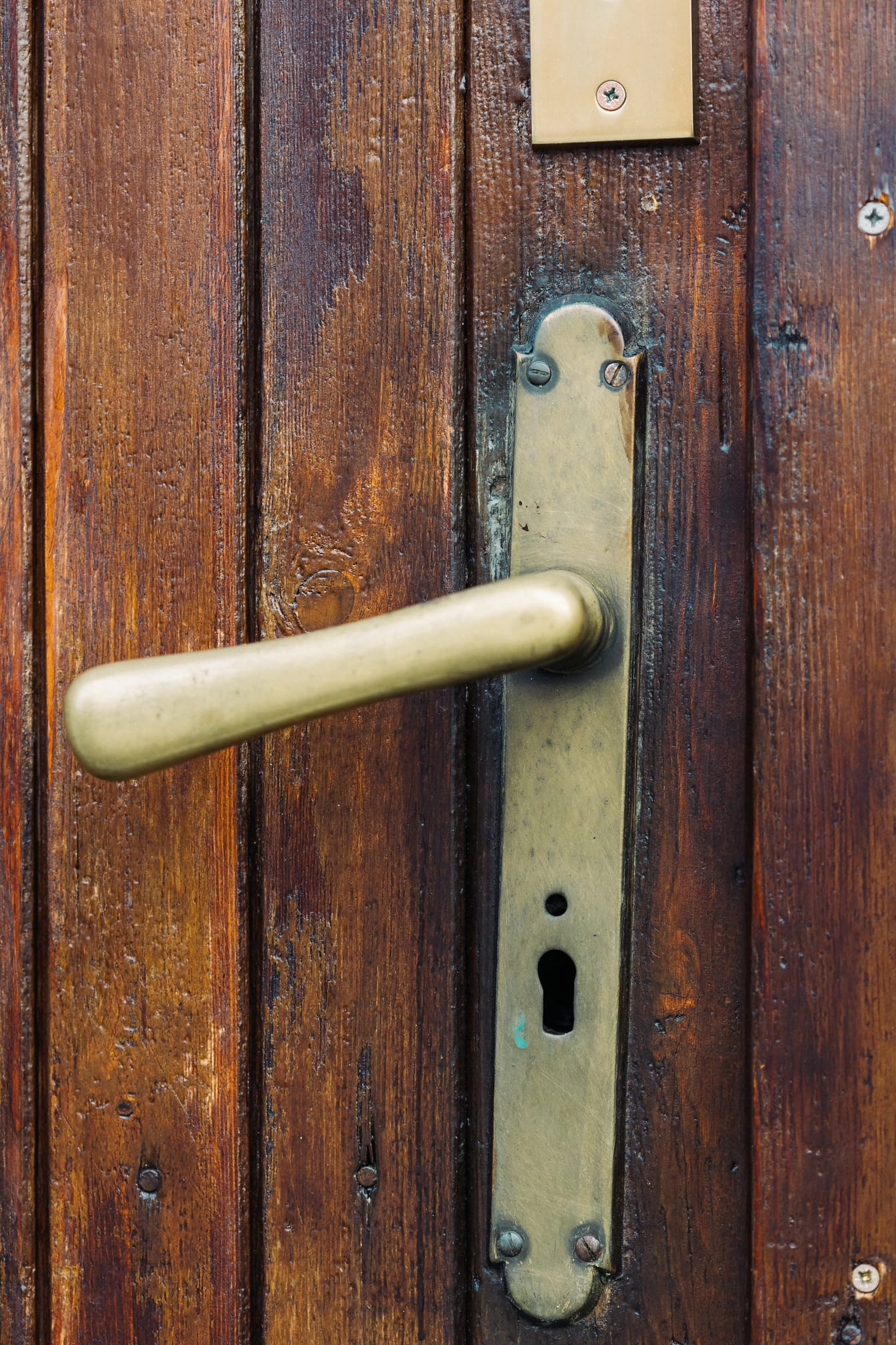 Блестяща дръжка на вратата на дървена входна врата