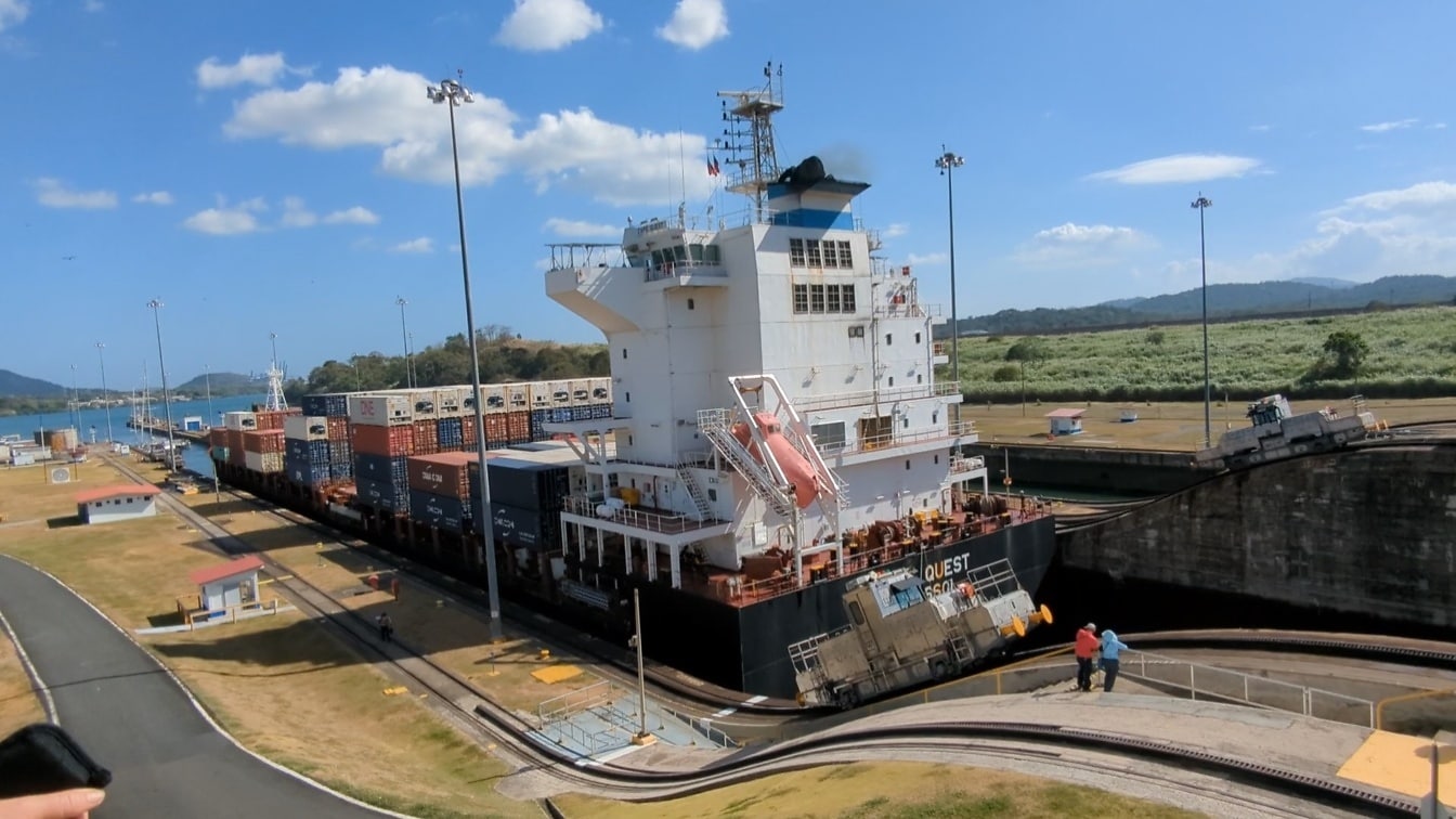 Cargo ship in a lock of Panama Canal