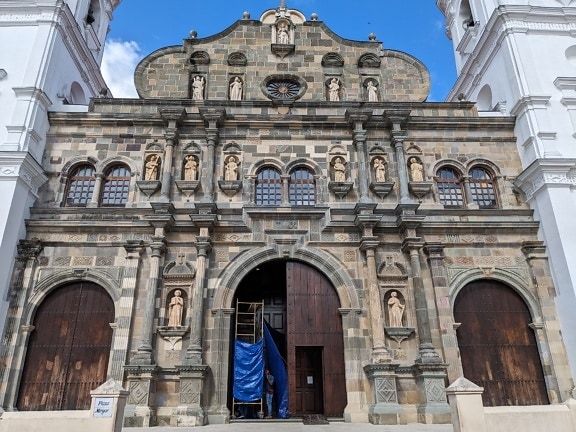 Metropolitan cathedral basilica of Santa Maria in Panama with a scaffolding in doorway