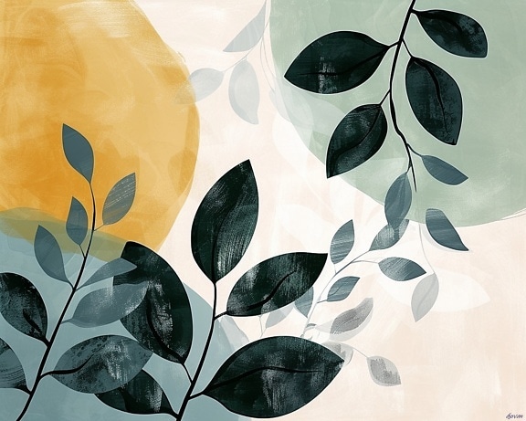 Abstract artistic graphic of leaves and circles in elegant watercolor style
