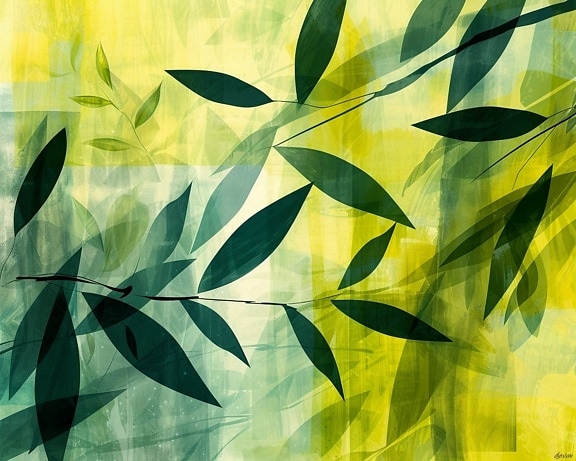 Fotomontaasi, joka kuvaa taiteellista abstraktiota vihreillä lehdillä vihertävän keltaisella taustalla