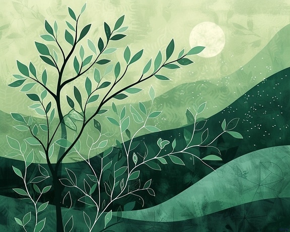 Художествена абстракция на дърво с листа и луна на зеленикав фон