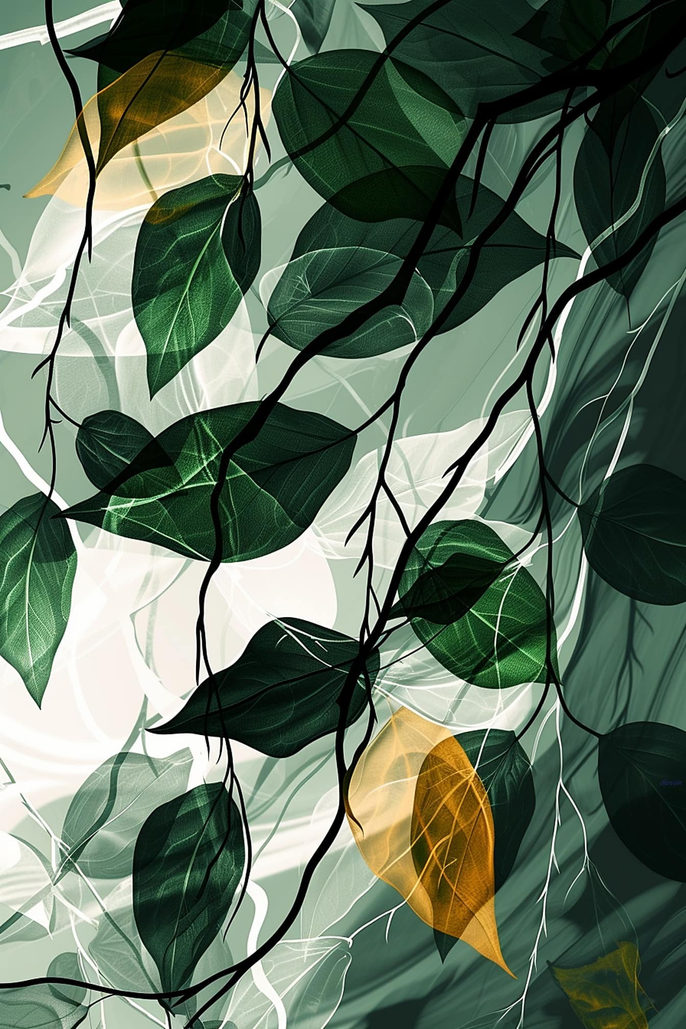 어두운 나뭇 가지에 짙은 녹색 잎이 있는 추상 벽지 그래픽