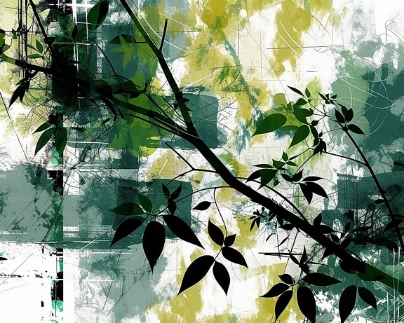 Fotomontaje de abstracción artística con ramas de árboles con hojas como fondo