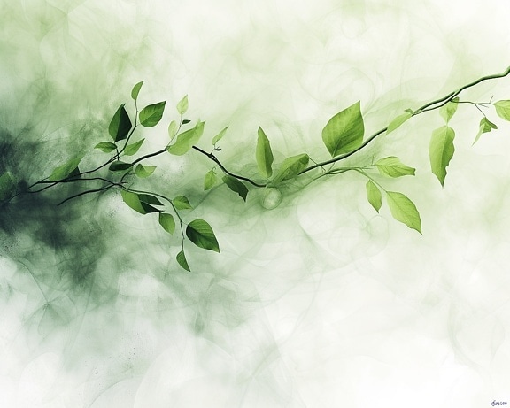 Ilustrace zelených listů na větvi vystupující z mlhavého pozadí