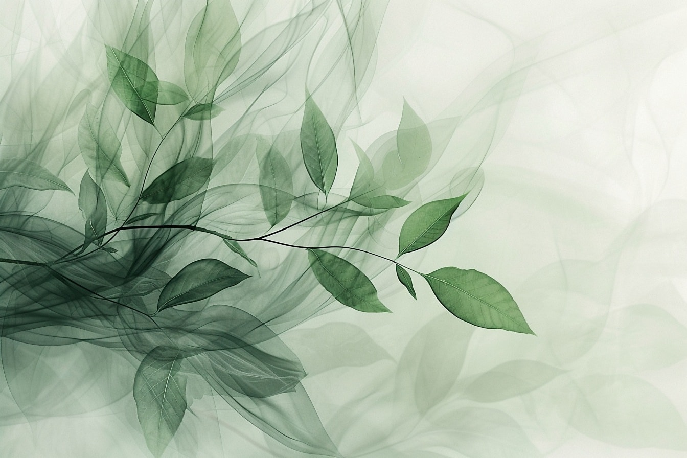 Zöld levelek grafikája egy ködös háttérrel rendelkező gallyon, pasztell stílusban