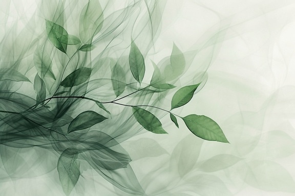 Graphic of green leaves on a on twig with a hazy background in pastel style