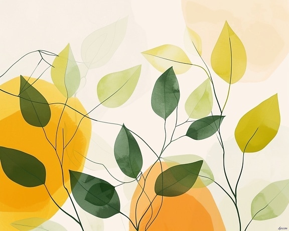Grafikk av gulgrønne blader på kvister på beige bakgrunn i pastellstil