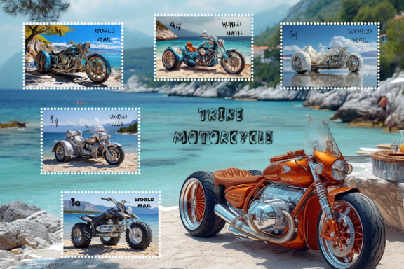Limited series of postage stamps with tricycle motorcycle theme