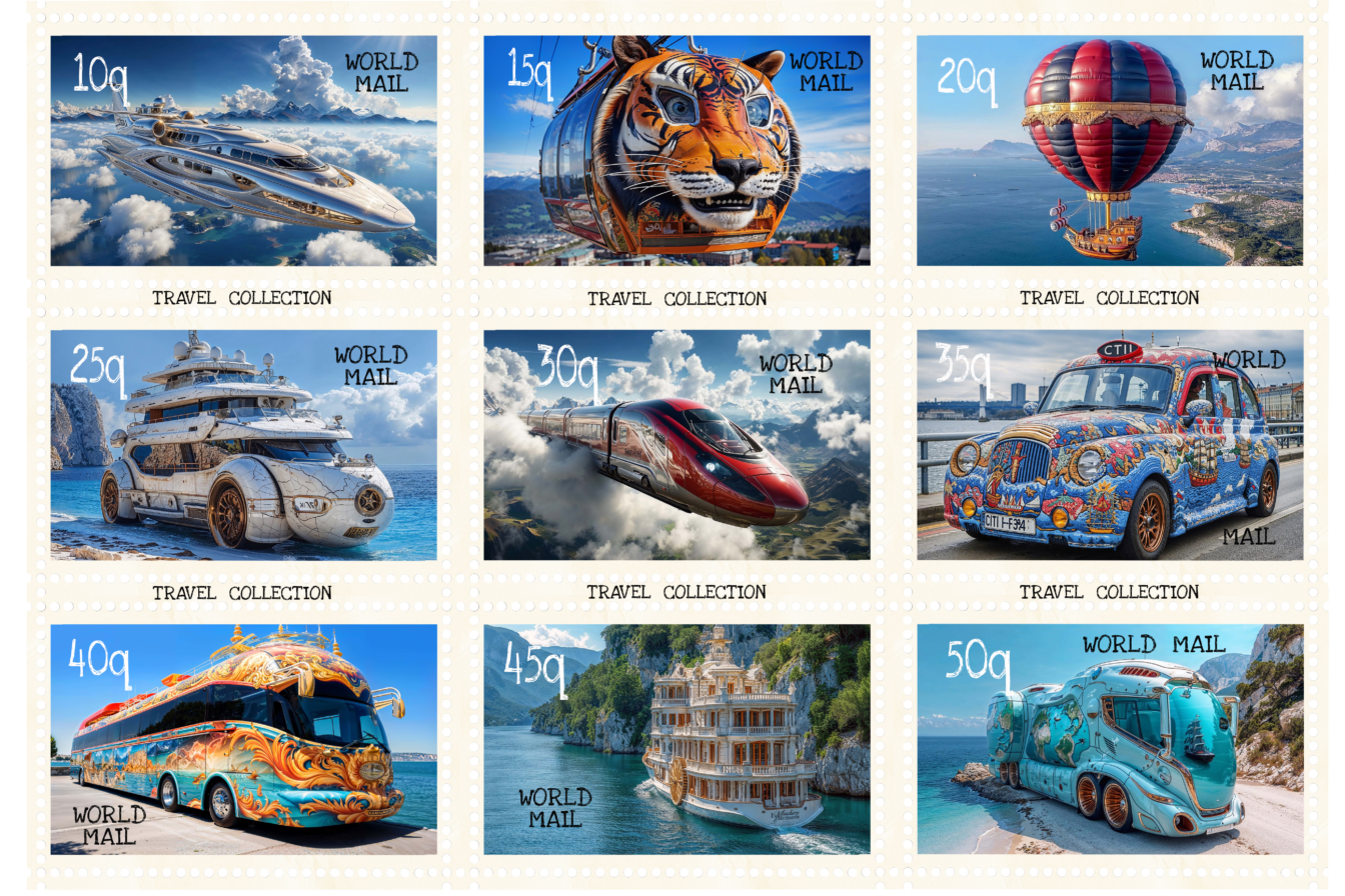 Kokoelma postimerkkejä, joissa on kuvia ajoneuvoista ja veneistä