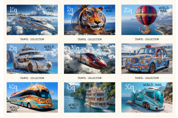 Colección de sellos postales con imágenes de vehículos y embarcaciones