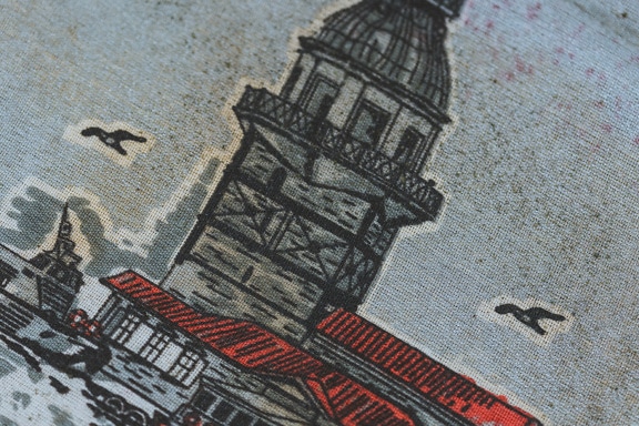 Lino di cotone con l’illustrazione di una torre