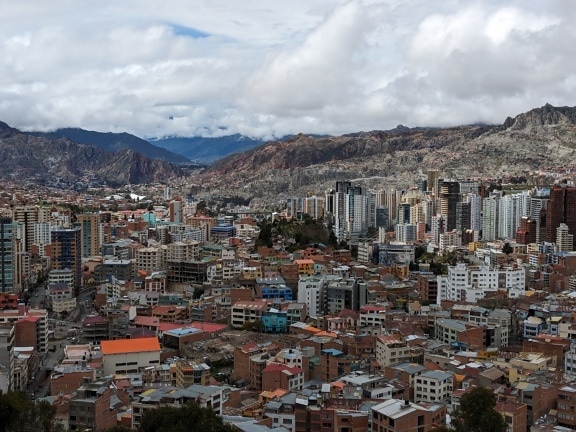 Panoramic view of many buildings in La Paz city in Bolivia