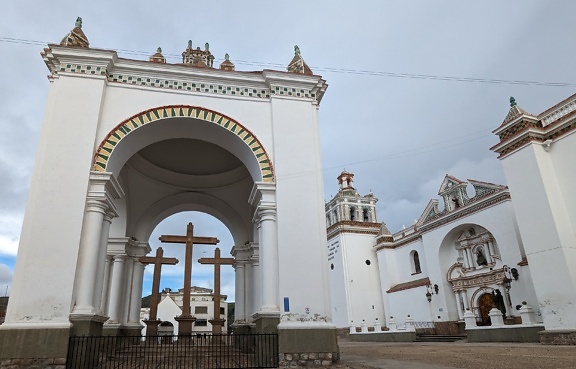 White archway with crosses at basilica of Our Lady of Copacabana