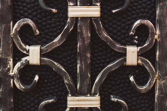 Close-up of a metal fence with cast iron decoration
