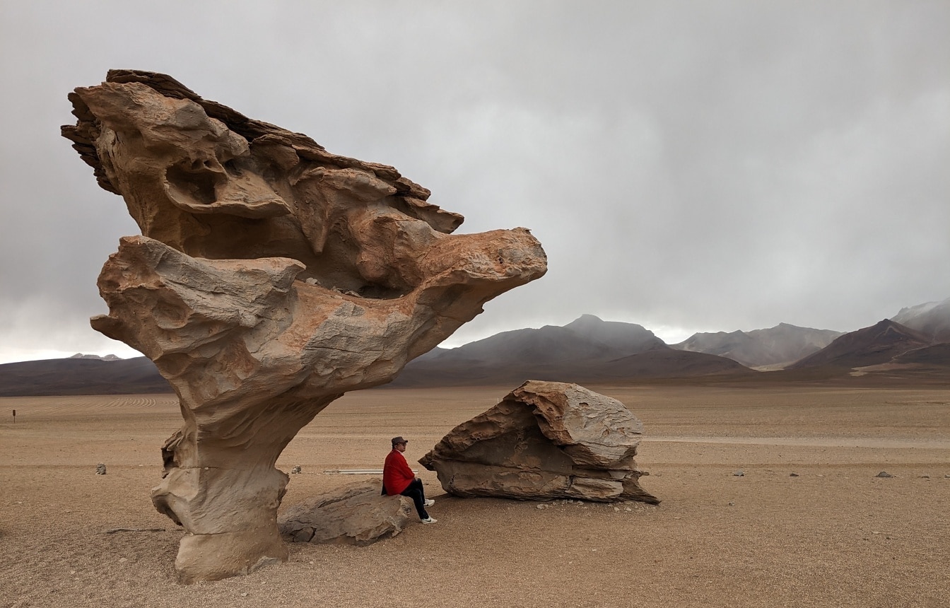 볼리비아 국립 보호 구역에 있는 돌 나무 (Árbol de Piedra) 로 알려진 암석 아래에 있는 사람