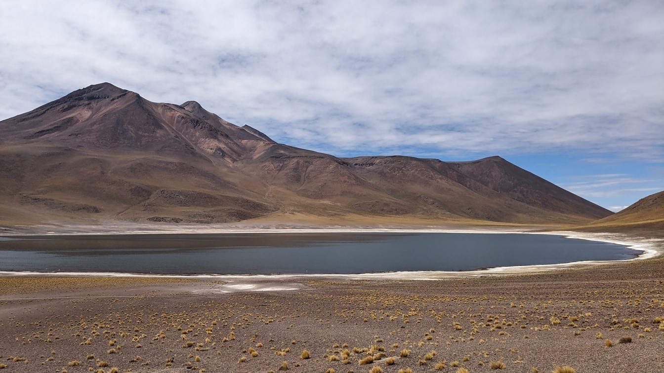 Solné jezero Laguna Miñiques v poušti Atacama se sopkou Miñiques v pozadí