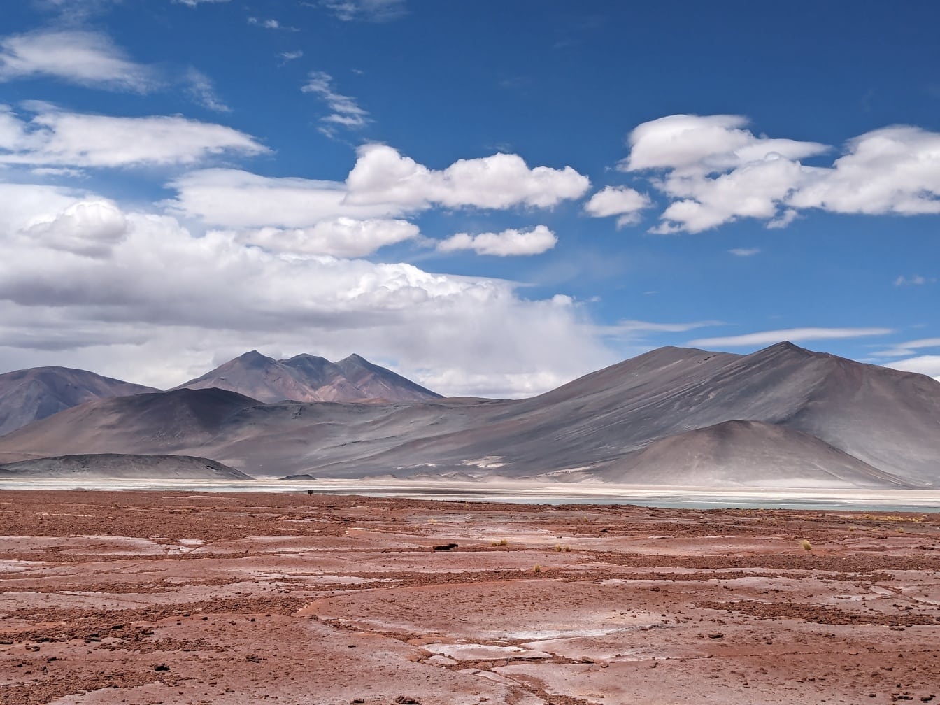 Landschaft eines Salar de Talar, einer Salzplatte in den chilenischen Anden mit Bergen in der Ferne
