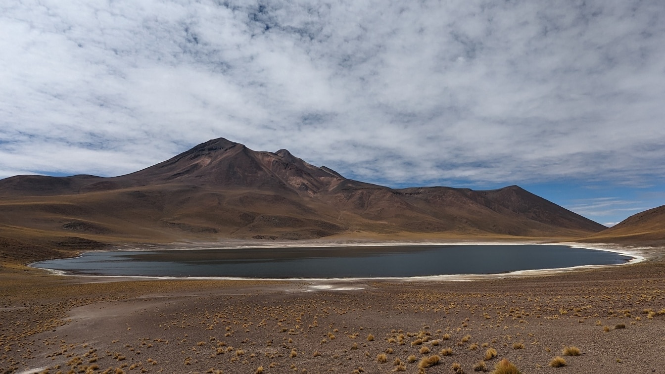 Altiplanic jezioro Miñiques na pustyni Atakama w Chile z górą w tle